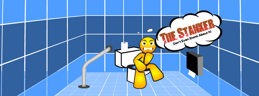 Blue restroom scene with The Stanker mascot